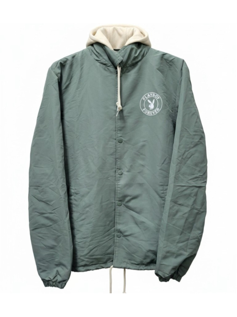 Playboy Forever Men Olive Long-Sleeve Windbreaker Hoodie Snap Jacket Size Medium